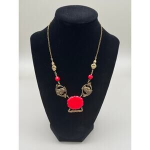 Vintage Sadie Green Antique Style Victorian Pendant Necklace with Red Glass